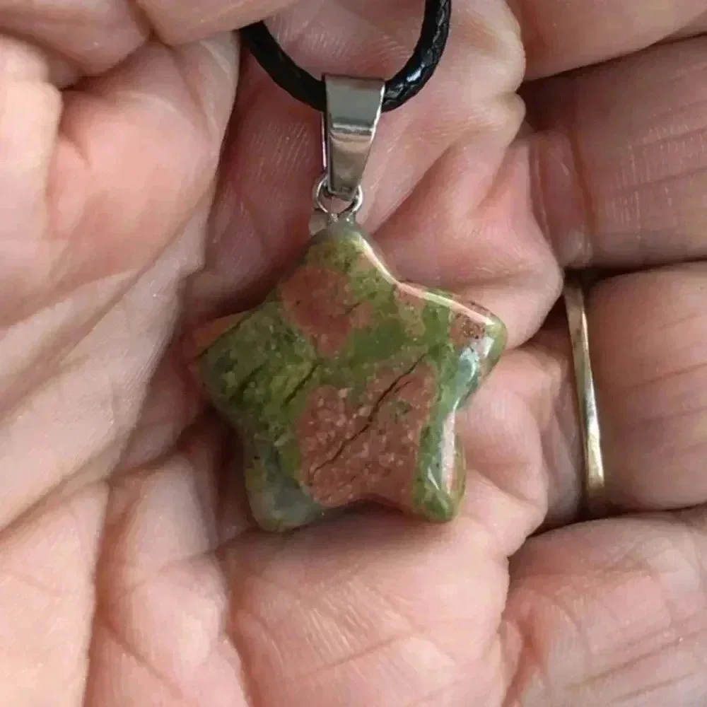 Unakite Star Pendant Leather Necklace NWT
